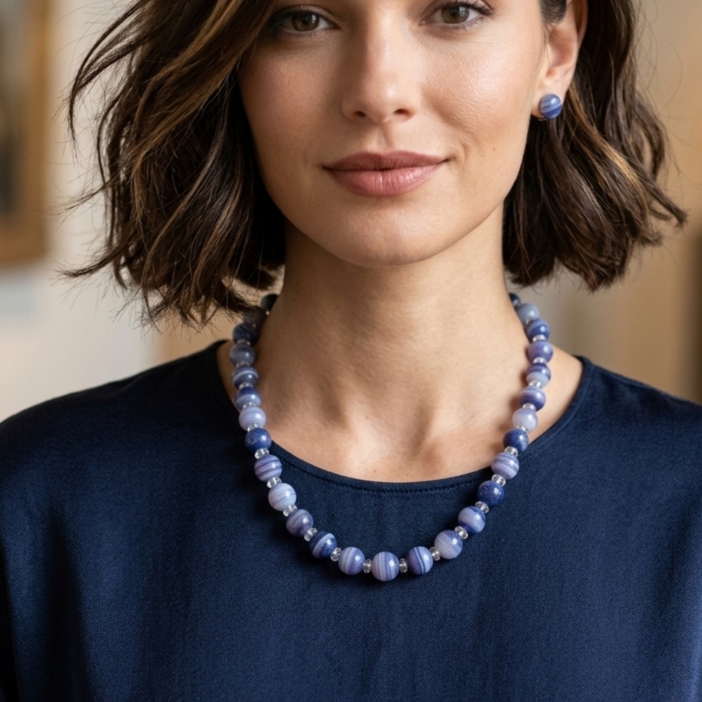 Source Unknown Blue Agate Bead Necklace with Matching Studs
